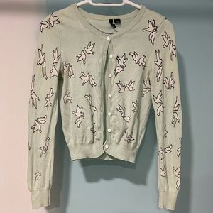 H&M Mint Green White Bird Print Cardigan Size 4